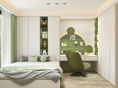 Modern Tatami Bedroom Interior With Tatami Bed Desk Green Chair White Wardrobes And Wooden Floor 3d model