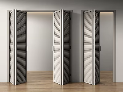 Modern Interior Design Featuring Open Louvered Folding Doors And Wooden Floor 3d model
