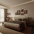 Modern Cozy Bedroom With Wooden Bed Frame Decorative Paintings Nightstand Table Lamp Bookshelf And Rug