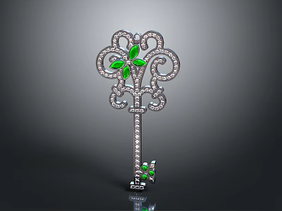 Silver Decorative Key Jewelry With Green Gemstones Intricate Floral And Crystal Accents 3d model