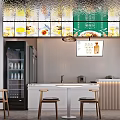 Modern Restaurant Interior With Green Walls Round Mirrors Tables Chairs Order Counter And Menu Screens