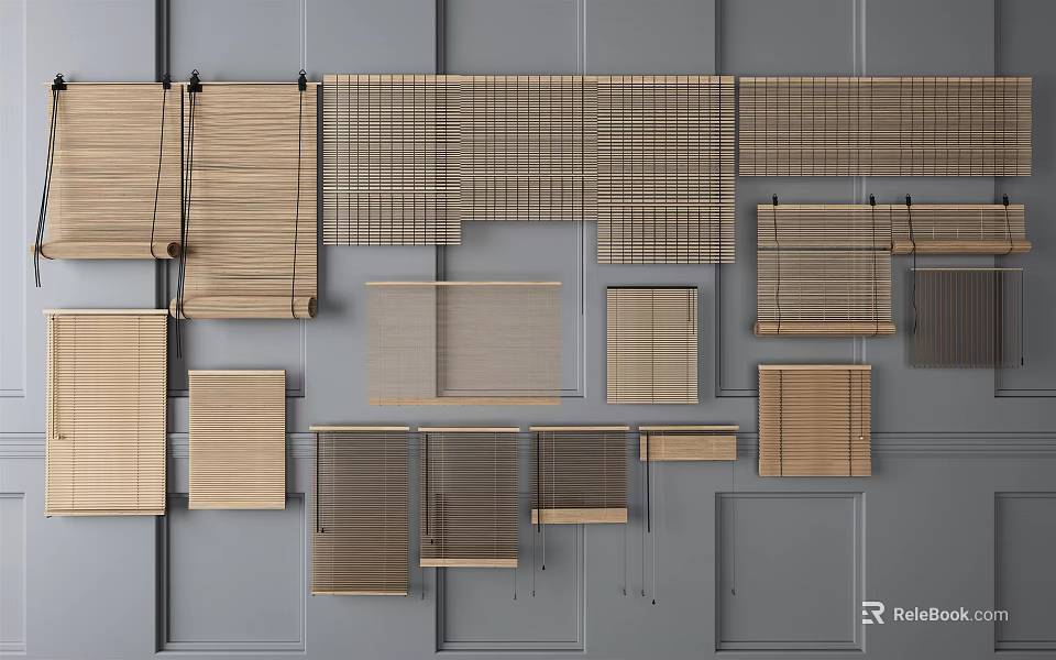 Various Wooden Window Blinds Showcasing Different Slat Designs Textures And Styles 3d model 