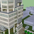 Modern High Rise Office Building With Glass Facade And Surrounding Greenery