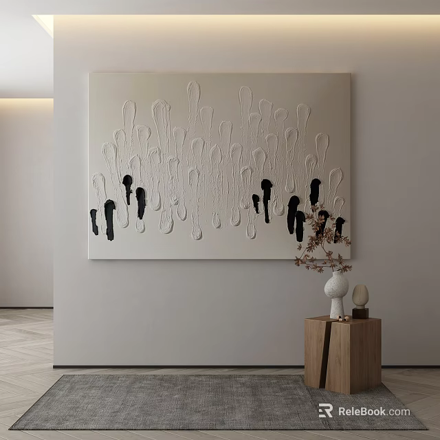 Modern Abstract Painting On White Wall With Wooden Table And Decorations 3d model 