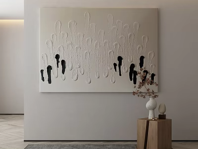 Modern Abstract Painting On White Wall With Wooden Table And Decorations 3d model