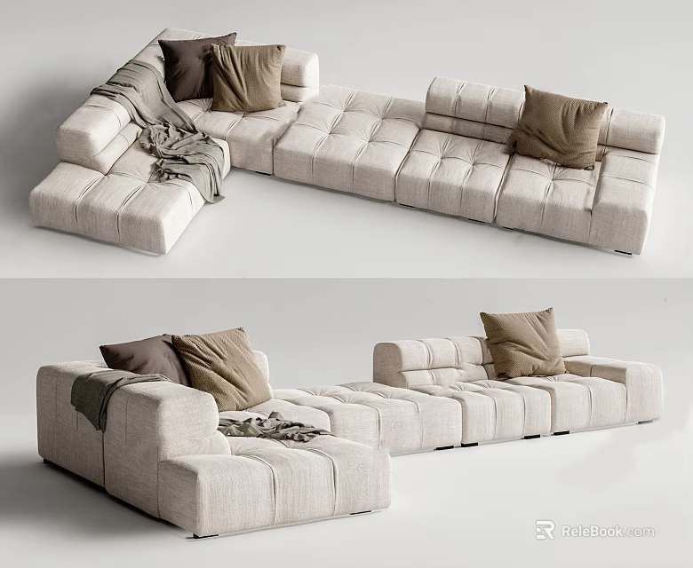 Modern Light Beige Modular Double Sofa With Brown Cushions And Throw Blanket 3d model 