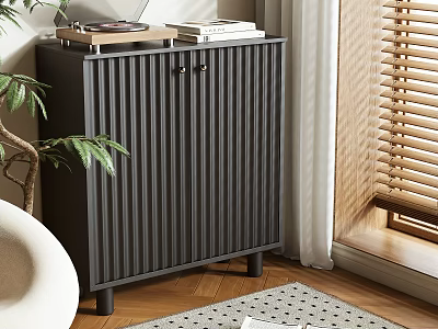 Modern Grey Shoe Cabinet with Vertical Stripes in Living Room Wooden Floor and Potted Plant 3d model