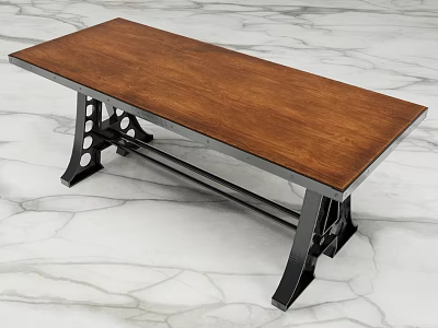 Industrial Style Dining Table With Wooden Tabletop And Black Metal Legs On Marble Floor 3d model