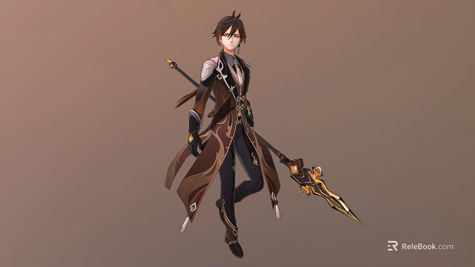 Fantasy Character In Dark Brown Robe Holding Dragon Spear Standing Pose 3d model 