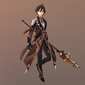 Fantasy Character In Dark Brown Robe Holding Dragon Spear Standing Pose