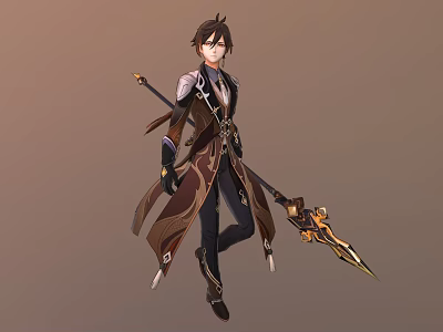 Fantasy Character In Dark Brown Robe Holding Dragon Spear Standing Pose 3d model