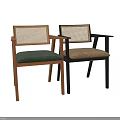 Stylish Modern Accent Chair With Dark Wooden Frame Rattan Backrest And Beige Fabric Seat