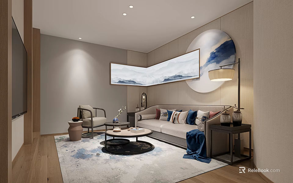 Elegant Modern Office Lounge Space With Comfortable Sofa Coffee Table And Decorative Wall Art 3d model