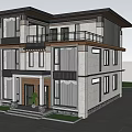 Modern Two Story Detached Villa Exterior With Large Windows Balcony And Lawn Driveway