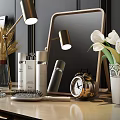 Elegant Perfume Cosmetics Arrangement With Transparent Bottles Mirror Table Lamp And White Tulips
