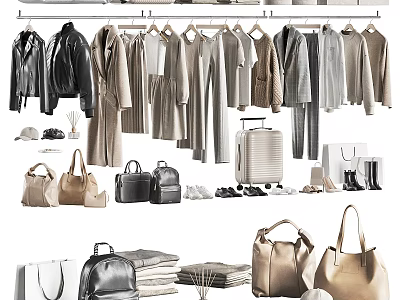 Stylish Clothes Hanging On Racks With Fashionable Bags Shoes And Accessories 3d model
