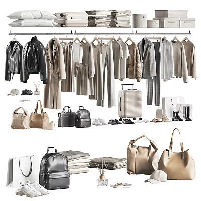 Stylish Clothes Hanging On Racks With Fashionable Bags Shoes And Accessories 3d model