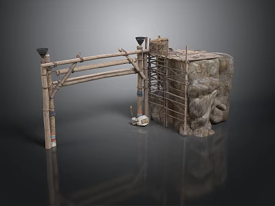 Traditional Architectural Structure With Wooden Arch Beams And Stone Wall Lanterns 3d model