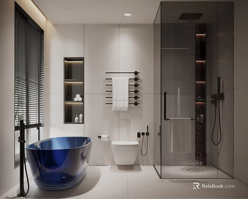Modern Bathroom Interior Design With Blue Bathtub White Toilet Glass Shower And Wall Shelves 3d model 