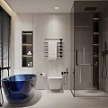 Modern Bathroom Interior Design With Blue Bathtub White Toilet Glass Shower And Wall Shelves