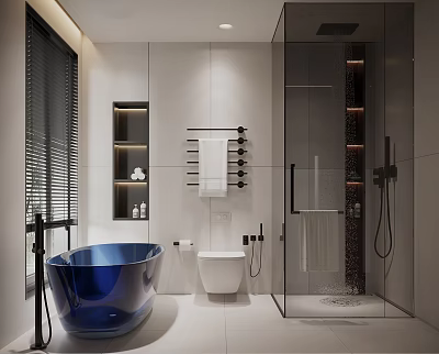 Modern Bathroom Interior Design With Blue Bathtub White Toilet Glass Shower And Wall Shelves 3d model