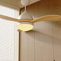 Modern Wooden Blade Ceiling Fan Light With White Lampshade Wooden Wall And Window Blinds