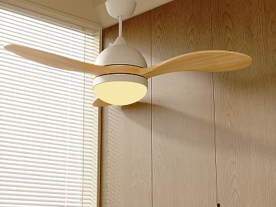 Modern Wooden Blade Ceiling Fan Light With White Lampshade Wooden Wall And Window Blinds 3d model