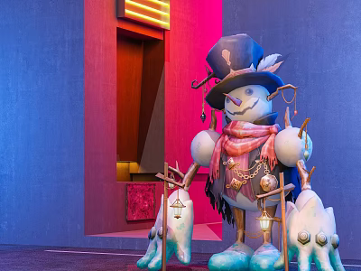 Festive Decorative Ornament Set Featuring Snowman With Blue Hat Red Scarf Cane And Lantern 3d model