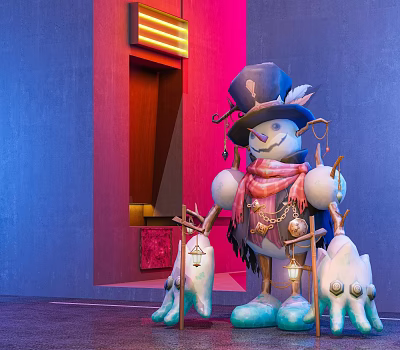 Festive Decorative Ornament Set Featuring Snowman With Blue Hat Red Scarf Cane And Lantern 3d model