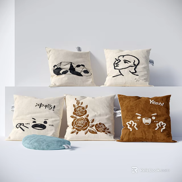 Fabric Decorative Pillows With Panda Face Outline Rose Flowers Chinese Characters And Cartoon Expressions 3d model 