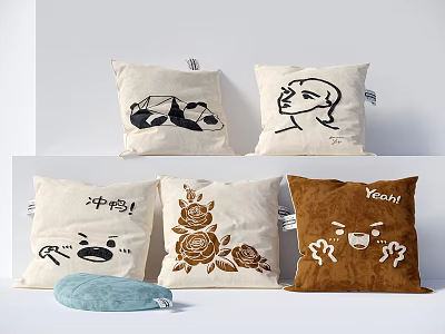 Fabric Decorative Pillows With Panda Face Outline Rose Flowers Chinese Characters And Cartoon Expressions 3d model