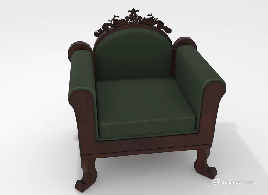 Classic Green Armchair With Carved Wooden Frame Fabric Upholstery And Solid Legs 3d model 