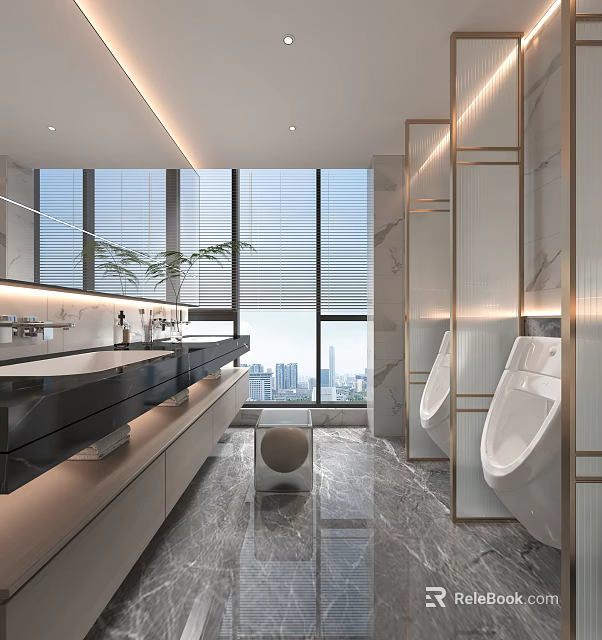 Luxurious Modern Public Restroom With Marble Countertops Large Windows City View Washbasins And Partitions 3d model 
