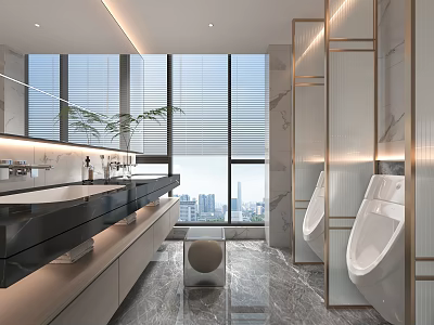 Luxurious Modern Public Restroom With Marble Countertops Large Windows City View Washbasins And Partitions 3d model