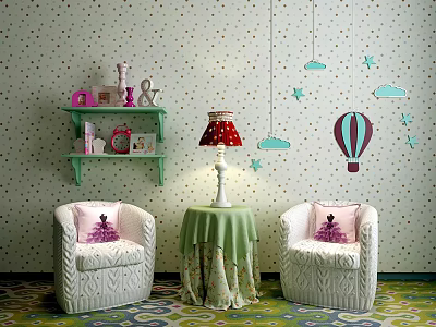 White Casual Sofa Set with Pink Cushions Green Table Red Lampshade Gold Polka Dot Wall 3d model