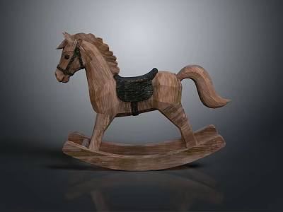 Classic Wooden Rocking Horse With Black Saddle And Natural Wood Rocking Base 3d model