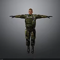 Military Figure In Camouflage Uniform With Arms Outstretched And Tactical Gear On Gray Background