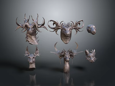 3D Dragon Head Models For Game Film Characters With Metallic Texture And Horned Design 3d model
