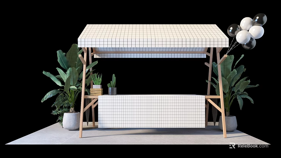 Modern Tea Break Area With White Grid Table Cabinet Wooden Frame And Green Plants 3d model 