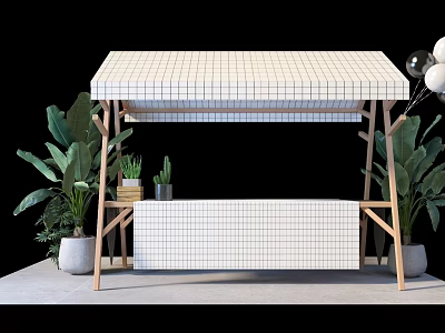 Modern Tea Break Area With White Grid Table Cabinet Wooden Frame And Green Plants 3d model