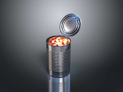 Open Metallic Can Holding Canned Orange Beans on Shiny Reflective Surface 3d model