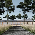 Modern Sales Office Building With Curved Roof Surrounded by Tall Trees and Stone Path