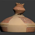 Ancient Ceramic Vessel With Decorative Crown Shaped Lid And Patterned Surface