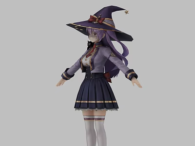 Anime Game Character With Long Purple Hair Witch Hat And Pleated Skirt Outfit 3d model