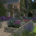 Garden Landscape Design With Brick House Climbing Vines Colorful Flowers And Arched Structure