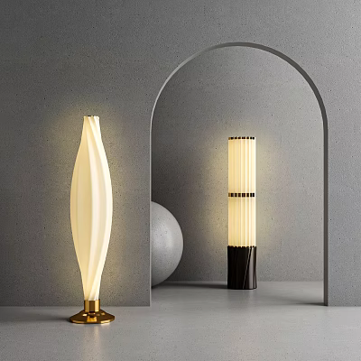 Modern Floor Lamps Spiral Cylindrical Design With Gold Black Bases Gray Wall Arched Interior 3d model