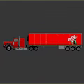 Red Commercial Truck with Red Trailer Gray Roof White Logo on Reflective Surface