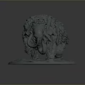 Gray 3D Mammoth Sculpture With Long Fur Curved Tusks And Round Base