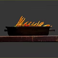 Yellow Rice Dish With Red Seasoning And Potato Strips On Wooden Tray Black Pots