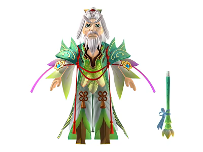 Traditional Style Doll With Green And White Outfit Long Beard Decorative Ribbons And Matching Staff 3d model